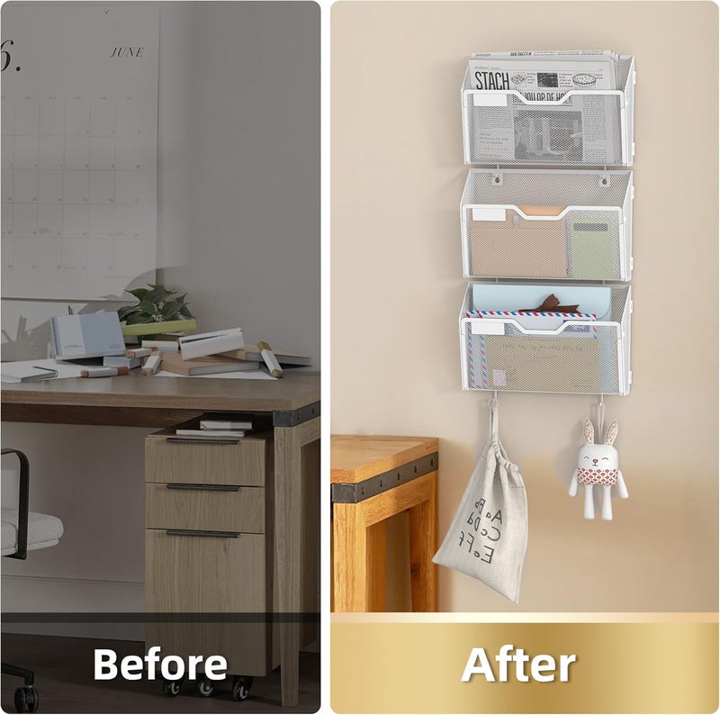 Docnest 3 Pack Hanging Wall File Holders, Mesh Wall Letter File Holder, Wall Mounted Mail Paper Document Folder Holder with Hooks for Office, Home, School, White - Image 3